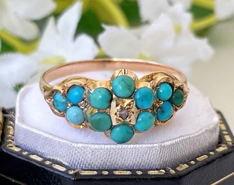 Antique Georgian Diamond & Turquoise Locket Ring. 18ct Gold Forget-me-Not Ring Mourning Ring With Hair. Gemstone Cluster/Halo Flower Ring