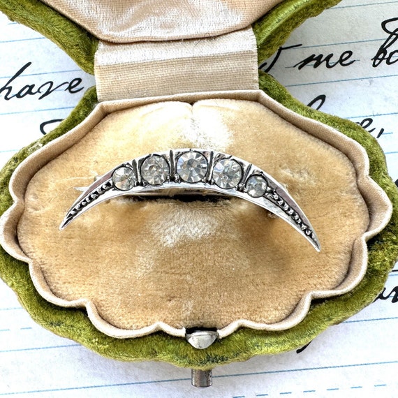 Antique 935 Silver Paste Diamond Crescent Moon Br… - image 1