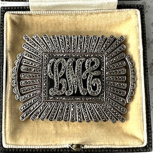 Art Deco Sterling Silver Marcasite Brooch: Onyx Monogram Pin
