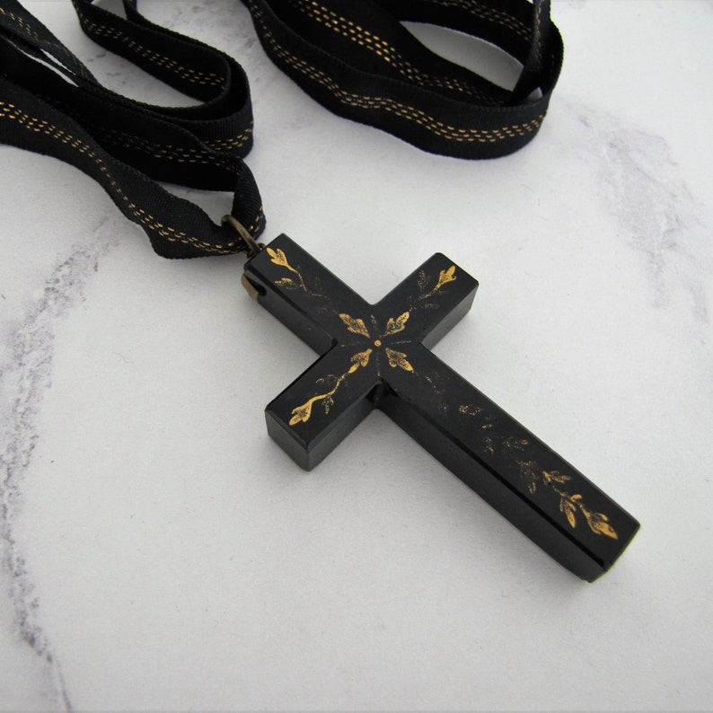 Victorian Gold Pique Cross Necklace. Black Vauxhall Glass Pique Cross Pendant. Antique Mourning Necklace. Victorian Pique Inlay Jewelry
