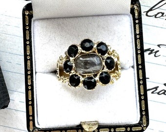 Antique Georgian 18ct Gold Locket Mourning Ring. Black Paste Gemstone Mourning Ring With Hair Compartment. Early Victorian Mourning Jewelry