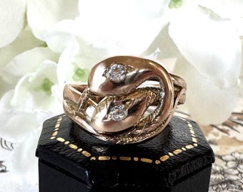 Antique Victorian 15ct Gold Diamond Snake Ring. Double Snake Wrap Yellow Gold & Old Cut Diamond Ring. Romantic Love Token Eternity Ring