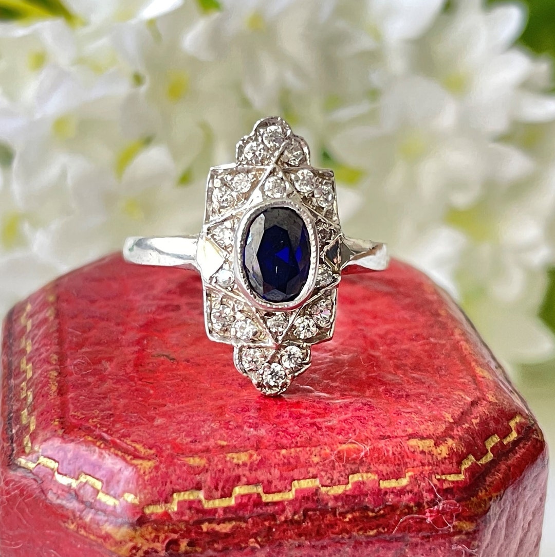 Art Deco Paste Sapphire & Diamond Marquise Ring. Silver Set Antique