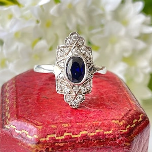 Antique Art Deco Paste Sapphire & Diamond Marquise Ring. Sterling Silver Antique Paste Gemstone Ring. Art Deco Geometric Cocktail Ring