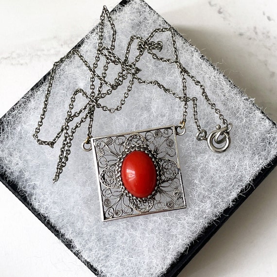 Antique Art Nouveau Silver Cannetille Red Coral P… - image 3