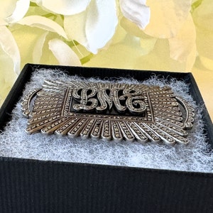 Antique Art Deco Sterling Silver Marcasite & Onyx Set Monogram Brooch. Large Rectangular Geometric Brooch. Art Deco Personalised Jewellery. image 7