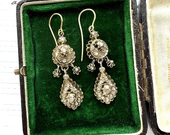 Antique Georgian Gold & Mine Cut Rough Diamond Mughal Earrings. Long Pendeloque Drop Gold Earrings. Diamond Earrings With 18ct Gold Hooks