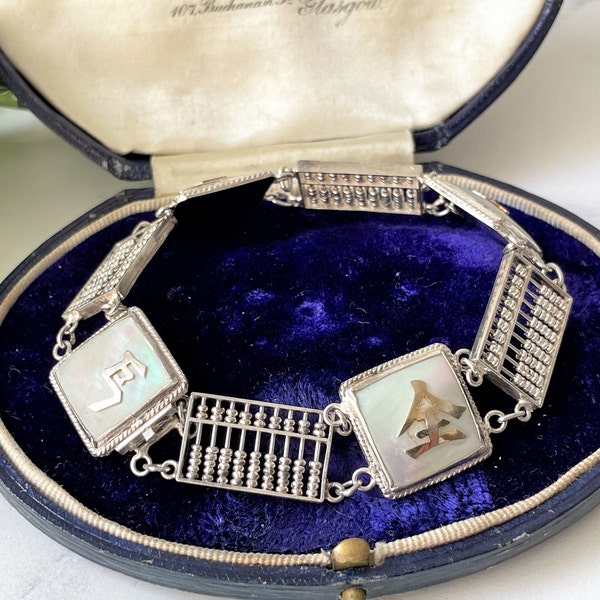 Vintage Sterling Silver Pearl Chinees karakter & Abacus armband. Good Fortune rijkdom bedelarmband. Hong Kong Good Luck Amulet Sieraden