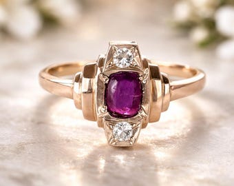 Antique Art Deco 9ct Gold Ruby Paste & White Zircon Geometric Ring