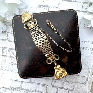 Antique Rolled Gold Fob Watch Chain, Bates & Bacon, USA. Edwardian/Victorian Gold Filled Fancy Watch Chain With Fob. Gold Waistcoat Chain