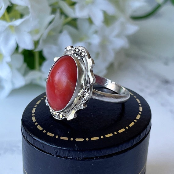 Art Deco Sterling Silver Natural Coral Ring. 1920… - image 4