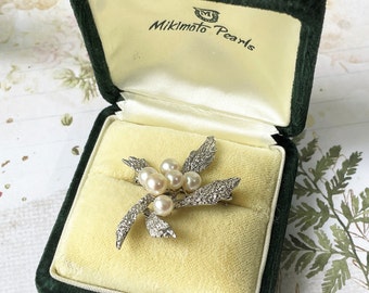 Vintage Mikimoto Pearl Cluster Starfish Brooch, Original Box. Sterling Silver Akoya Cultured Pearl Brooch. Modernist Saltwater Pearl Jewelry