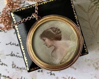Edwardian Rolled Gold Picture Pendant Locket. Antique Rose Gold 2 Portrait Locket On Chain. Edwardian Lady & Baby Hand Tinted Photo Pendant