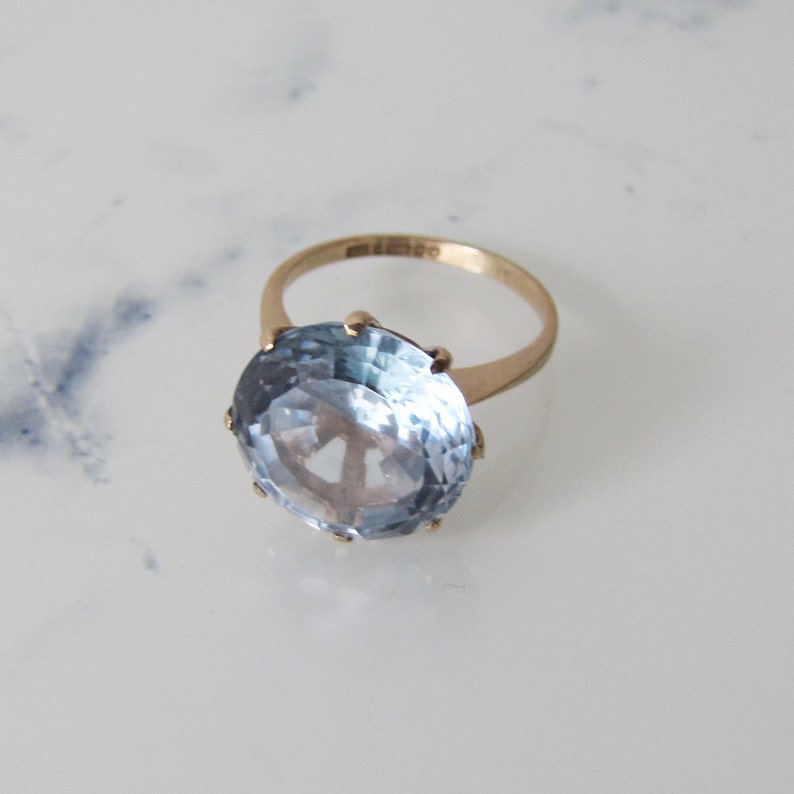 9ct Gold Brilliant Cut Round Stone Engagement Ring. 1960s Step Swiss Blue Topaz Cocktail Ring Vintage 10 Carat Topaz Solitaire Ring