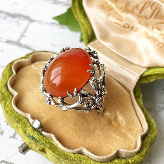 Antique Arts & Crafts Silver Carnelian Floral Rin… - image 1