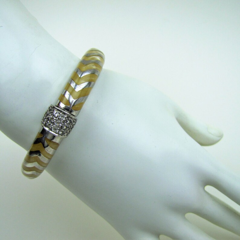 Yellow Resin White Topaz Bracelet Couture Runway Modern Designer Luxury Brand Jewelry. Angelique de Paris Sterling Silver Mata Hari Bangle