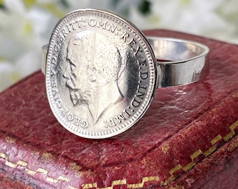 Vintage Sterling Silver Coin Ring. Mens King George Thrupenny Bit Ring, 1936. Silver Maundy Money Ring. Unisex Large Finger Ring Size 9.75/T