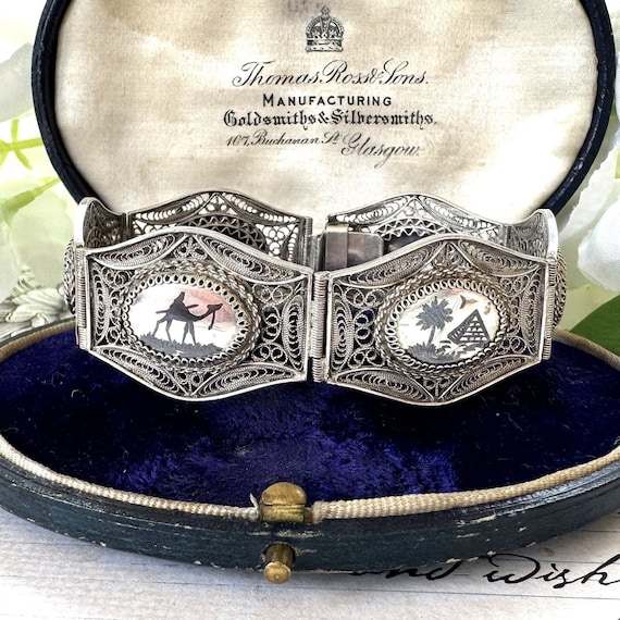 Art Deco Egyptian Revival Niello Filigree 800 Silver Bracelet - Etsy