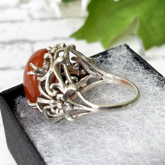 Antique Arts & Crafts Silver Carnelian Floral Rin… - image 5