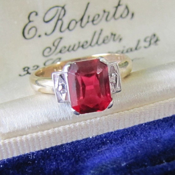 1920s Art Deco Paste Ruby Ring. Antique 9ct Gold E