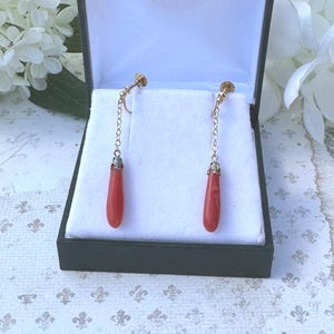 Edwardian 9ct Gold Coral Drop Earrings: Antique Art Deco Screw-Back