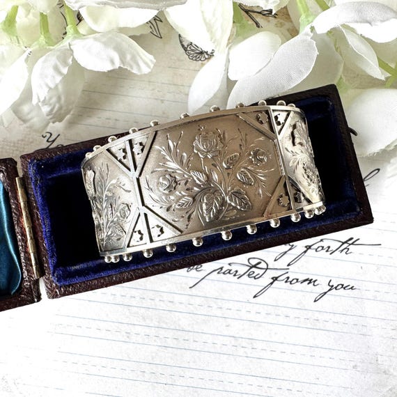 Antique 1883 Victorian Sterling Silver Bangle: Engraved Rose & Lily, Original Case