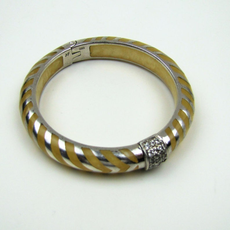 Yellow Resin White Topaz Bracelet Couture Runway Modern Designer Luxury Brand Jewelry. Angelique de Paris Sterling Silver Mata Hari Bangle
