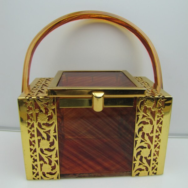 1950s Tyrolean New York Lucite Handbag. Tortoiseshell & Gold Filigree Box Purse. Collectible Designer Book Piece