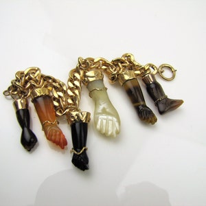 Victorian 14K 18K Gold Figa Hand Foot Charm Bracelet. Banded Agate Carnelian Amulet Charms. Antique Curb Figaro Chain. Good Luck Jewelry image 4