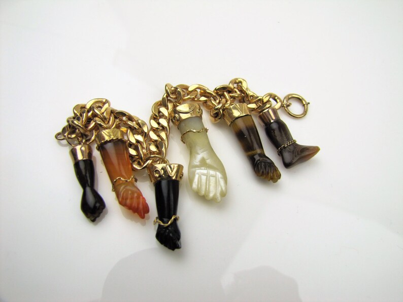 Victorian 14K 18K Gold Figa Hand Foot Charm Bracelet. Banded Agate Carnelian Amulet Charms. Antique Curb Figaro Chain. Good Luck Jewelry image 4