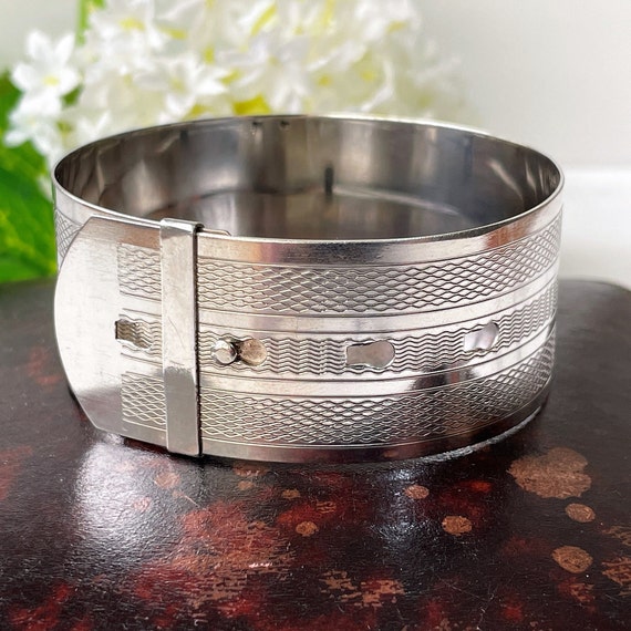 Art Deco Guilloche Engraved Belt Bangle. Sterling Silver