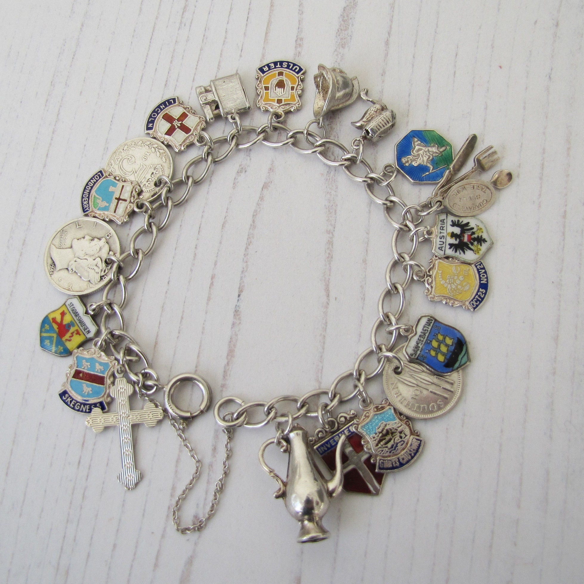 1960s Sterling Silver Charm Bracelet with 15 unique Sterling Charms 7  Vintage