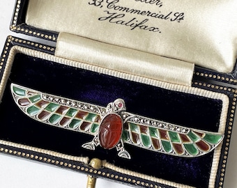 Art Deco Plique-à-Jour Scarab Brooch: 935 Silver, Enamel, Ruby, Carnelian