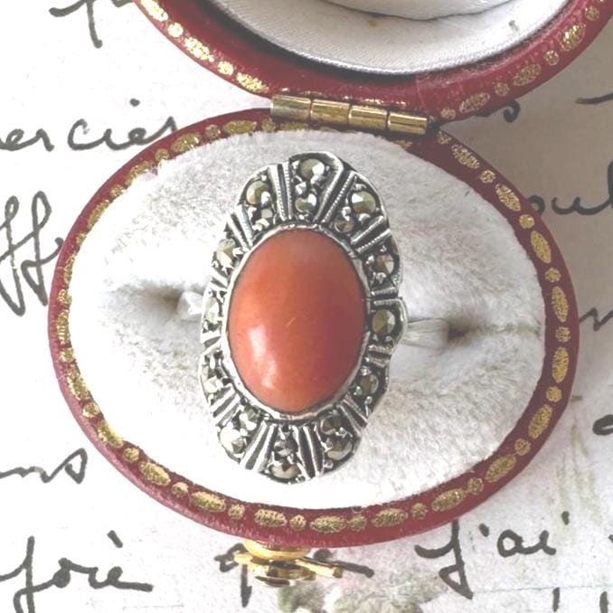 Antique Art Deco Sterling Silver Coral Cabochon Ring