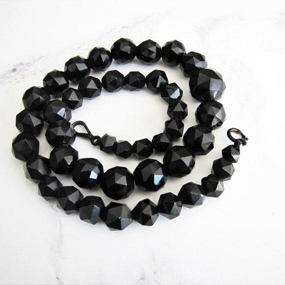 Victorian Whitby Jet Necklace Carved English Jet Necklace Antique Black Mourning Necklace Faceted Bead 24 Matinee Necklacewatch Chain - 