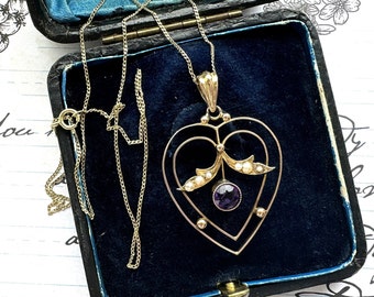 Antieke 9ct gouden Amethist & parel Art Nouveau hart hanger ketting. Victoriaanse/Edwardiaanse 9-karaats gouden hanger met optionele 9-karaats gouden ketting