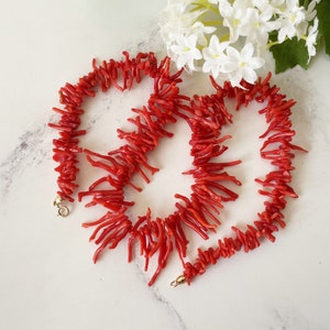 Vintage 14ct Gold Italian Red Coral Branch Bead Graduated Necklace. Natural Mediterranean Coral Necklace. 18&quot; Tomato Red Coral Necklace