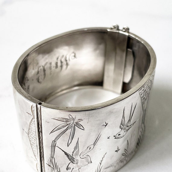 Victorian Aesthetic Engraved Silver Wide Cuff Bra… - image 4