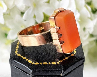 Antique 9ct Gold Scottish Hardstone Ring. Edwardian/Art Deco Emerald Cut Carnelian Ring. Rose Gold Orange Agate Unisex Ring, S/UK, 9.25 US.