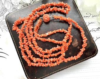 Victorian Carved Coral Bead 2-Strand Necklace. Antique Natural Salmon Red Mediterranean Coral Nugget Bead 2-Strand Necklace