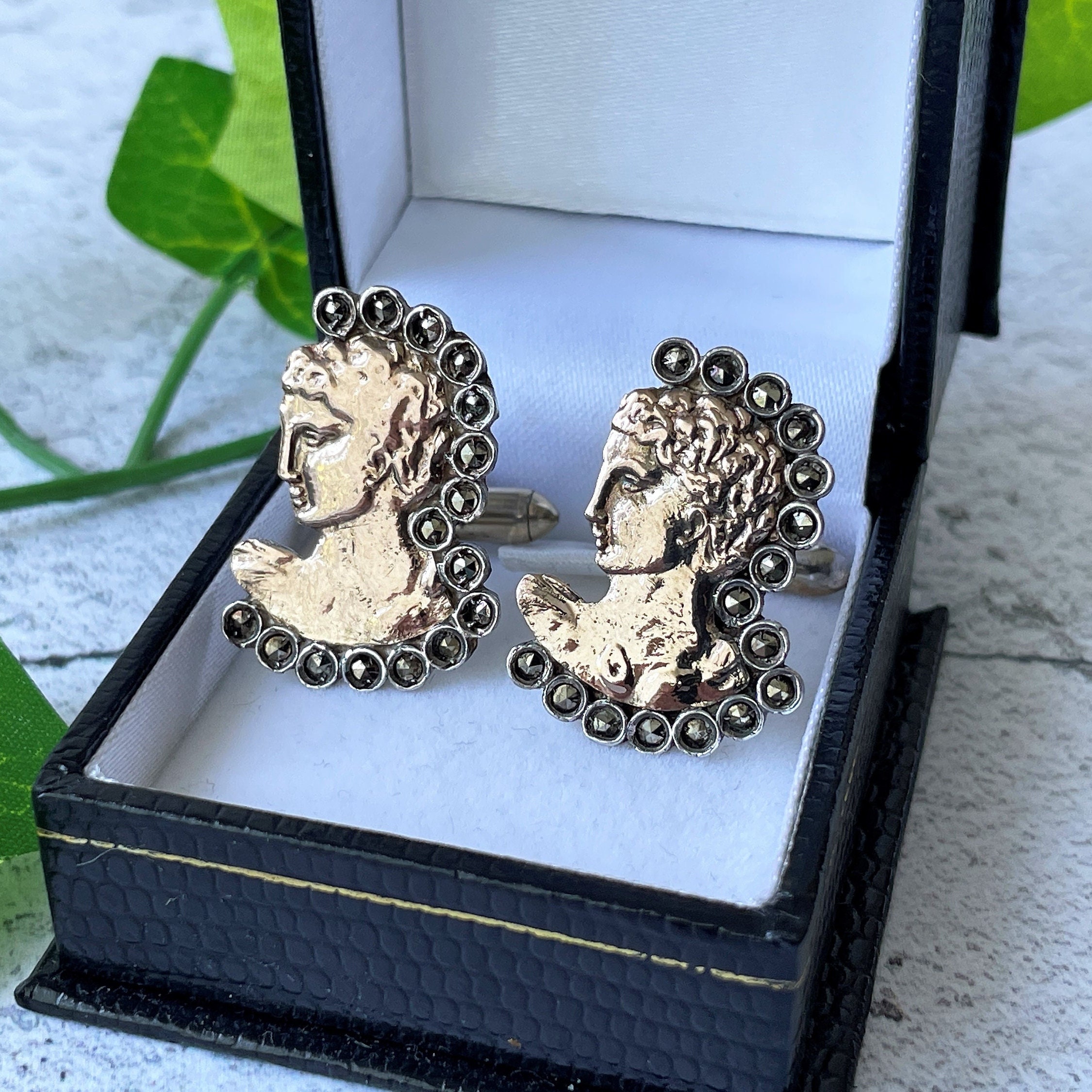 Vintage Greek God Gold & Silver Cufflinks. 8ct Gold, Sterling Silver And Marcasite Figural Cufflinks, Hand-Made In Greece.
