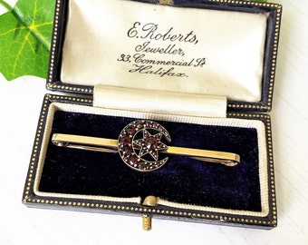 Victorian 18ct Gold Garnet Crescent Moon & Star Large Bar Brooch