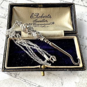 Antique Edwardian Sterling Silver Hook Pendant & Long Chain. Edwardian/Art Nouveau Glove Button Hook Chatelaine Pendant, Hallmarked 1909