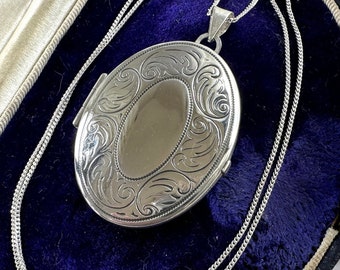 Vintage English Silver Large Oval Engraved Locket Pendant Necklace. Art Nouveau Style Floral Sterling Silver Photo/Keepsake Locket On Chain