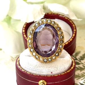 Antique Victorian 9ct Gold 11.50ct Amethyst & Pearl Cluster Ring. Huge Purple Amethyst Pearl Halo Ring. Victorian Statement Ring, K / 5.25