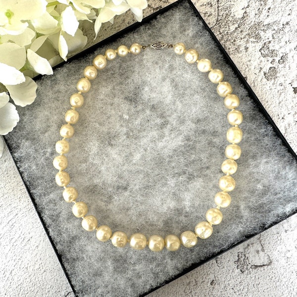 Vintage Round Baroque Pearl Necklace With Sterling Silver Filigree Clasp. Large 9/10mm Creamy Ivory Freshwater Pearl Choker Necklace, 15"