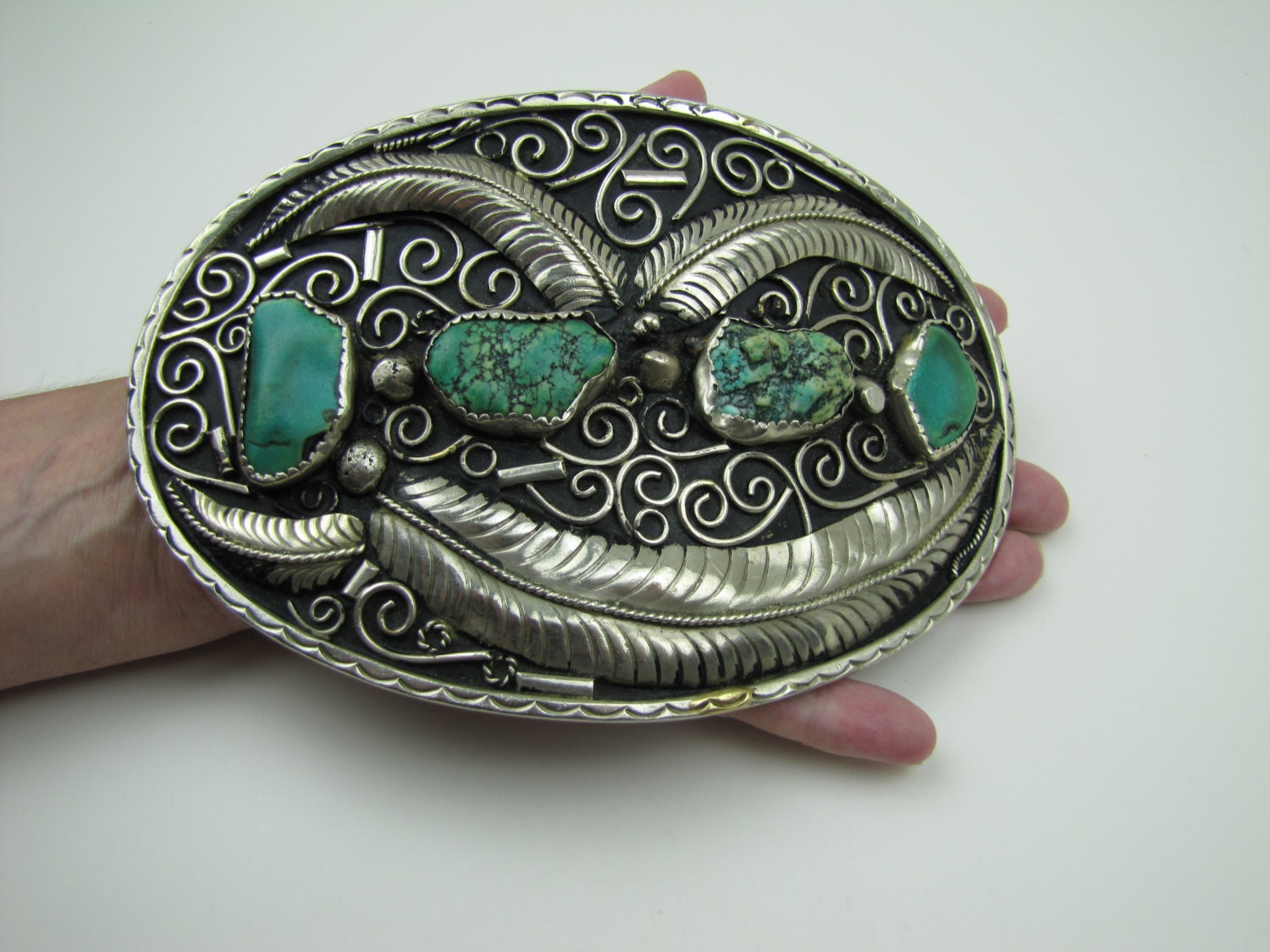 Vintage Silver Native American Indian Navajo Floral Turquoise Belt Buckle Huge Vintage Silver Native American Indian Navajo Floral Turquoise Belt Buckle Huge