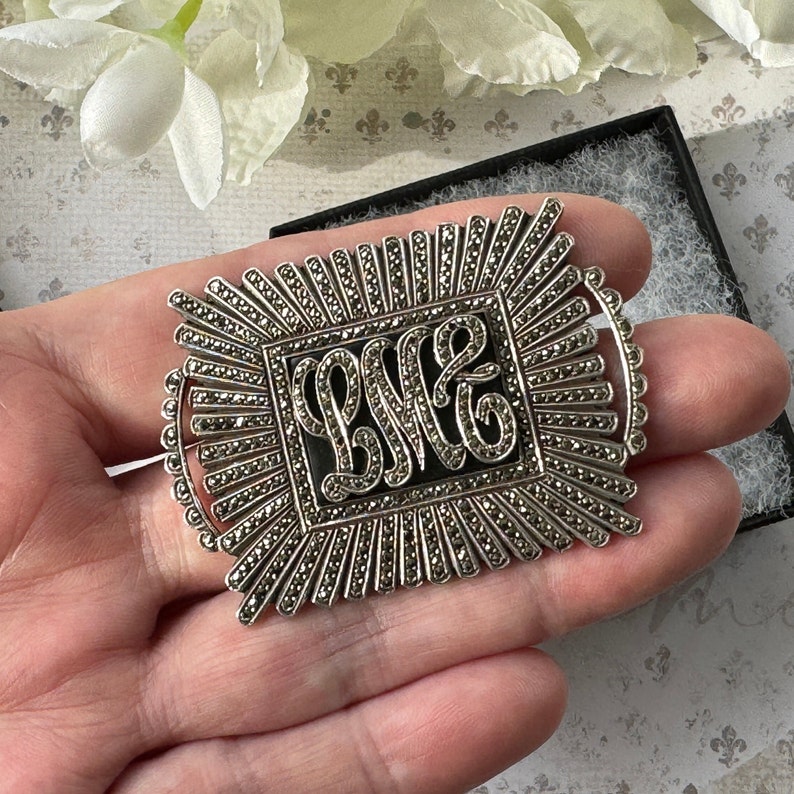 Antique Art Deco Sterling Silver Marcasite & Onyx Set Monogram Brooch. Large Rectangular Geometric Brooch. Art Deco Personalised Jewellery. image 5