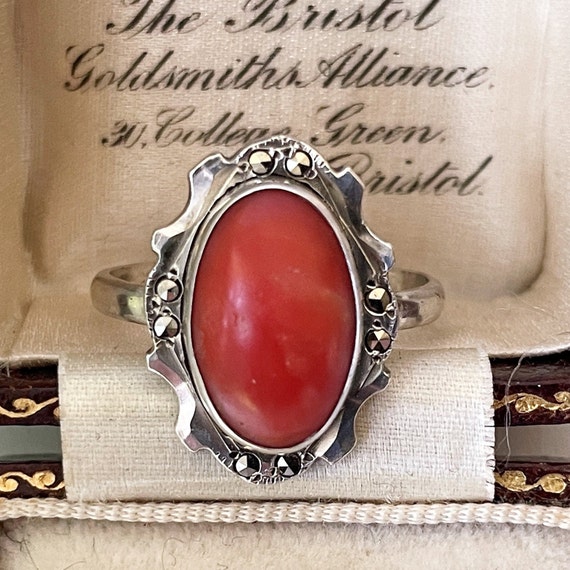 Art Deco Sterling Silver Natural Coral Ring. 1920… - image 1