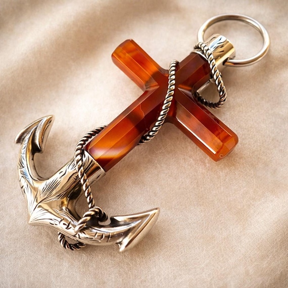 Victorian Scottish Agate Cross & Anchor Brooch in Sterling Silver: Antique Banded Agate Pebble Jewellery
